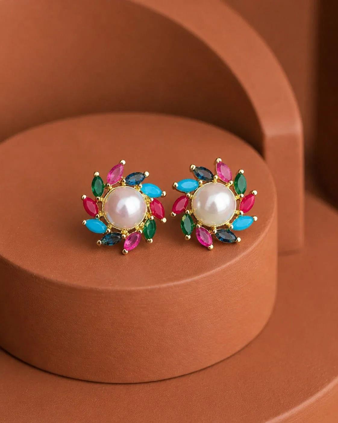 Multicolor Pearl Floral Stud Earrings for Women