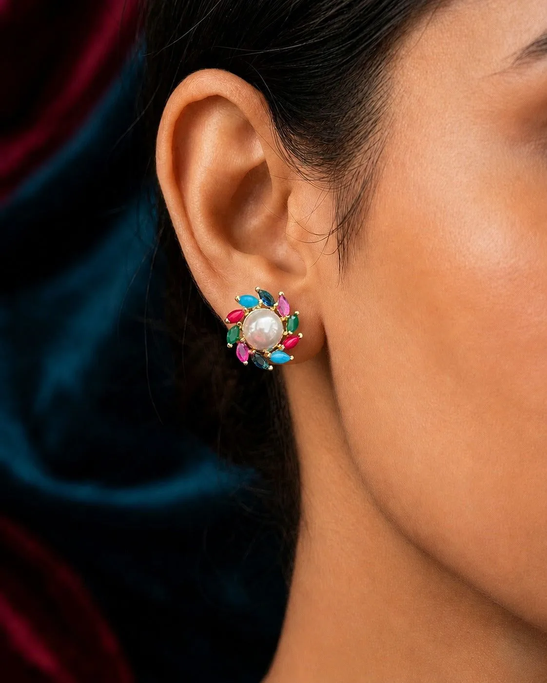 Multicolor Pearl Floral Stud Earrings for Women