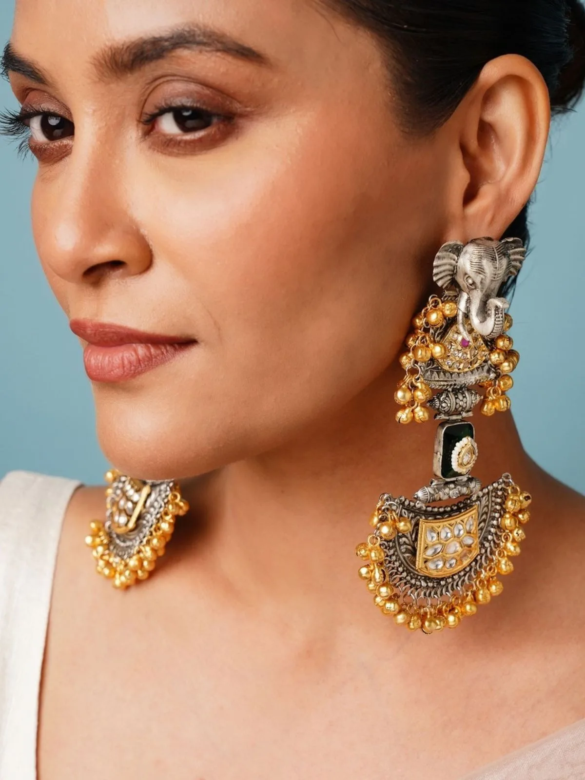 Statement Long Dual Tone Elephant Chandbali Earrings