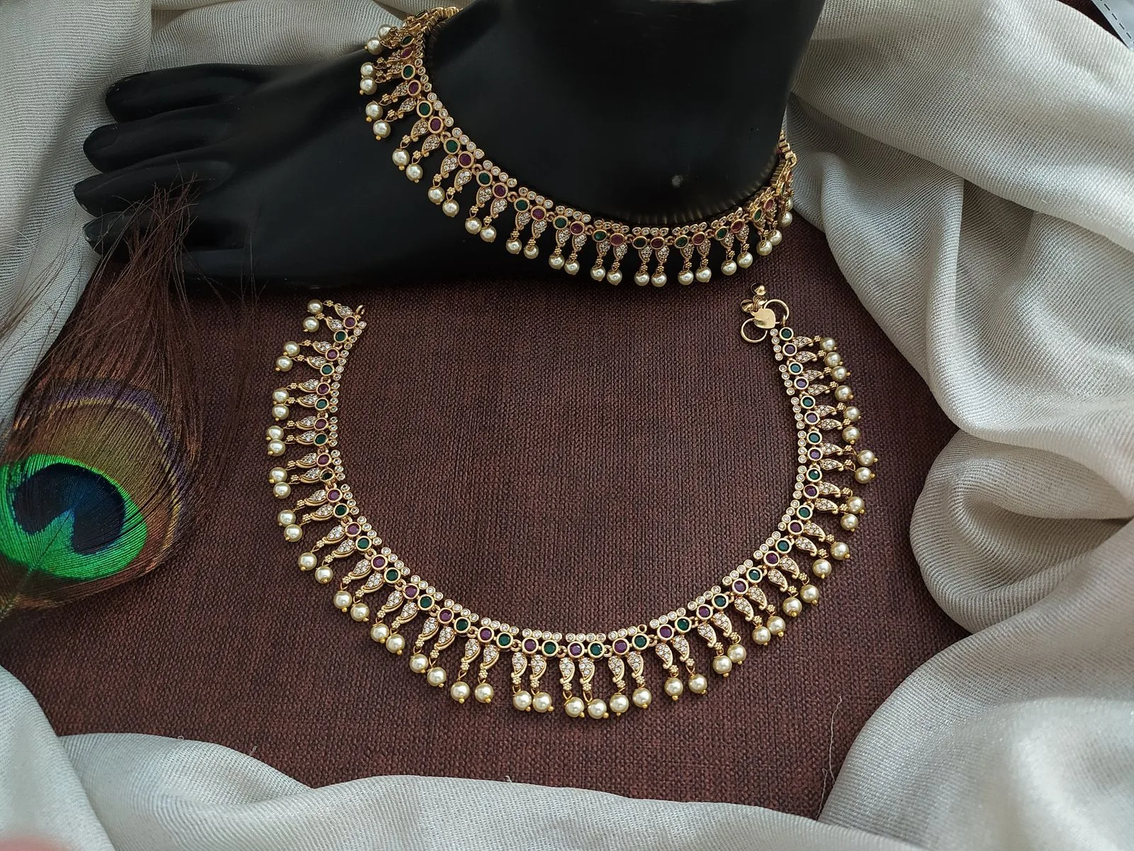 Gold Plated Stone Anklets with Pearl Hangings – White, Kemp & Green Traditional Payal