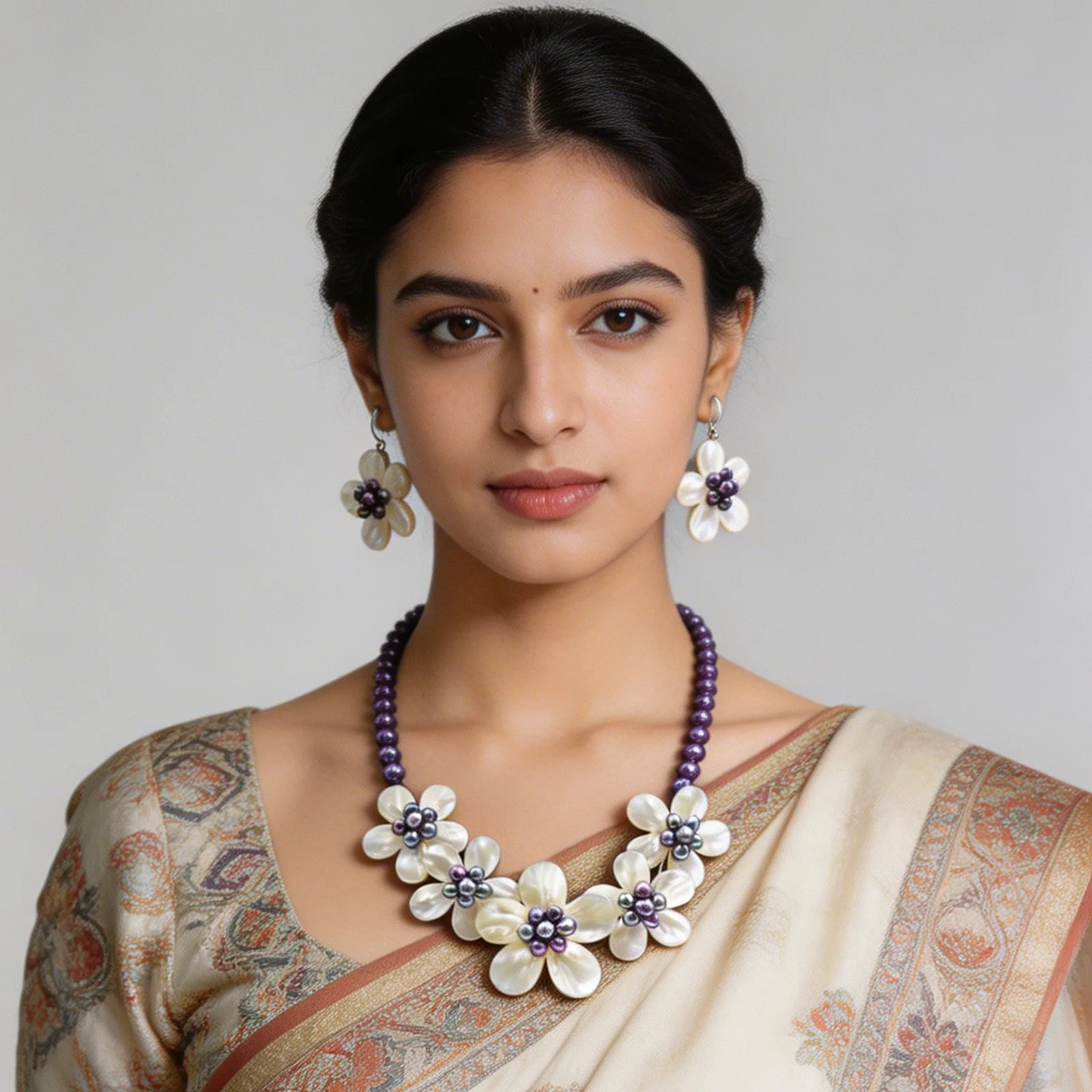 Flower Design Grey Pearl Necklace