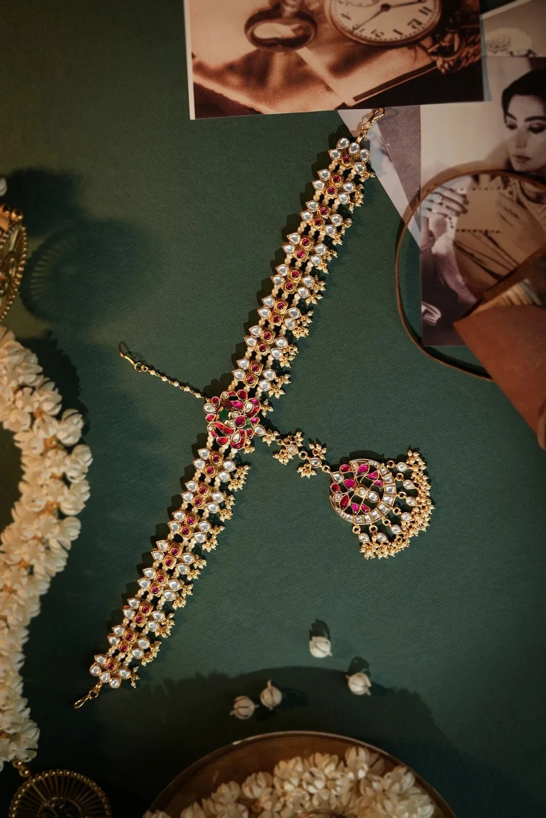 Peacock motive traditional Ruby & Emerald gold plated Mathapatti