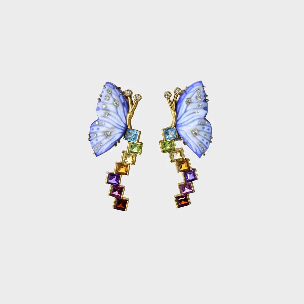 Delicate butterfly motifs meet colorful semi-precious stones and diamonds, creating a playful yet elegant designer earring perfect for modern jewelry lovers.(PGDE0232)