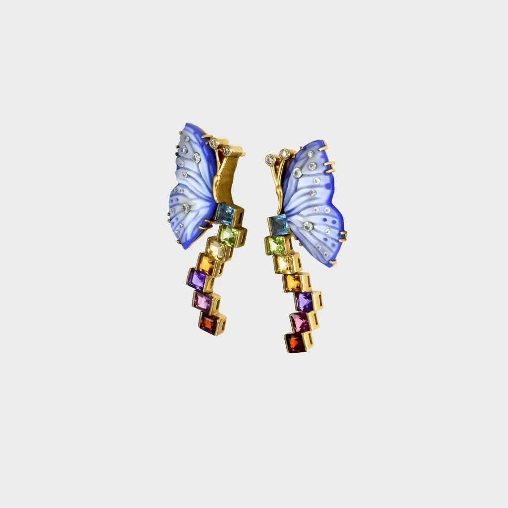 Delicate butterfly motifs meet colorful semi-precious stones and diamonds, creating a playful yet elegant designer earring perfect for modern jewelry lovers.(PGDE0232)