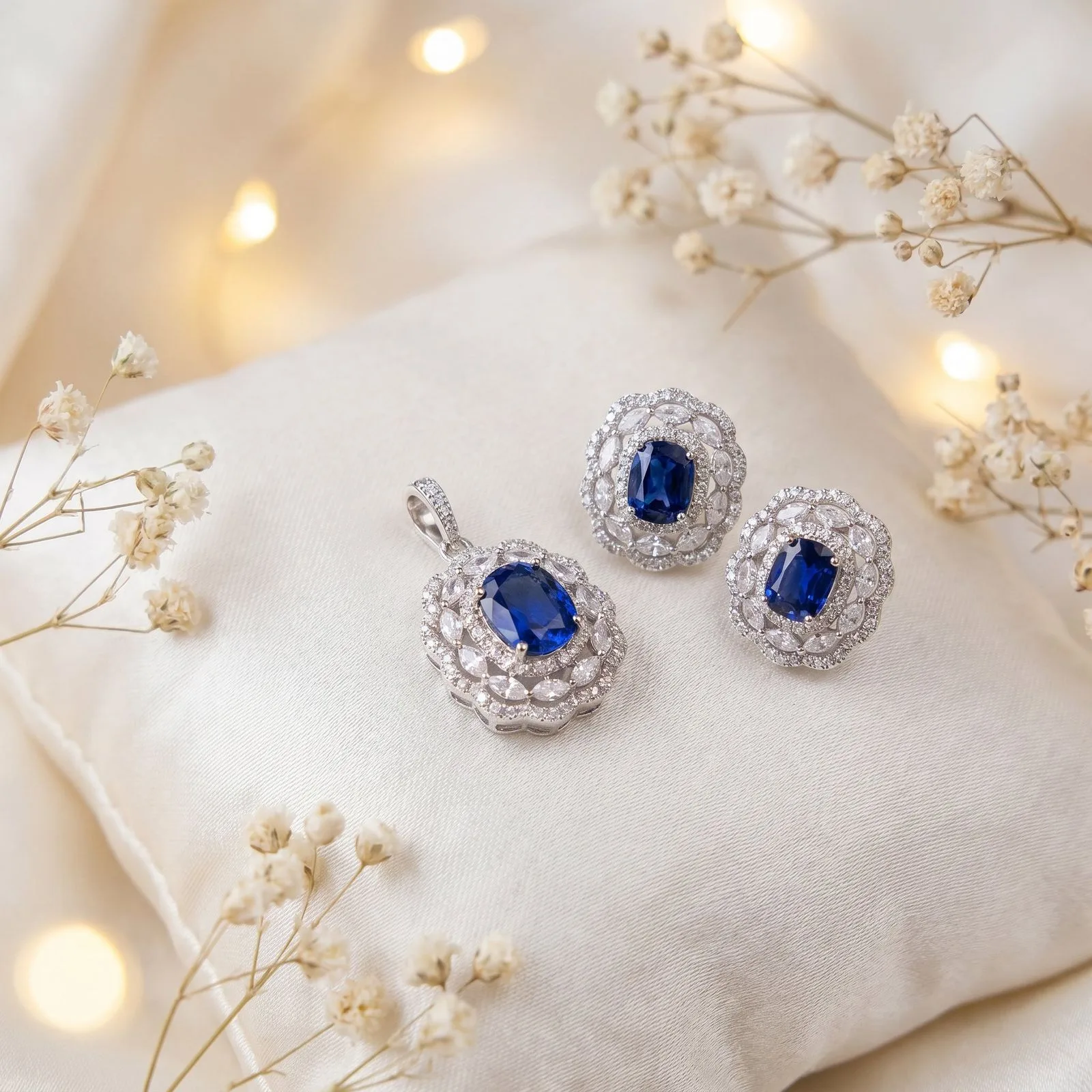 925 Silver Blue Party Wear Pendant Set for Women