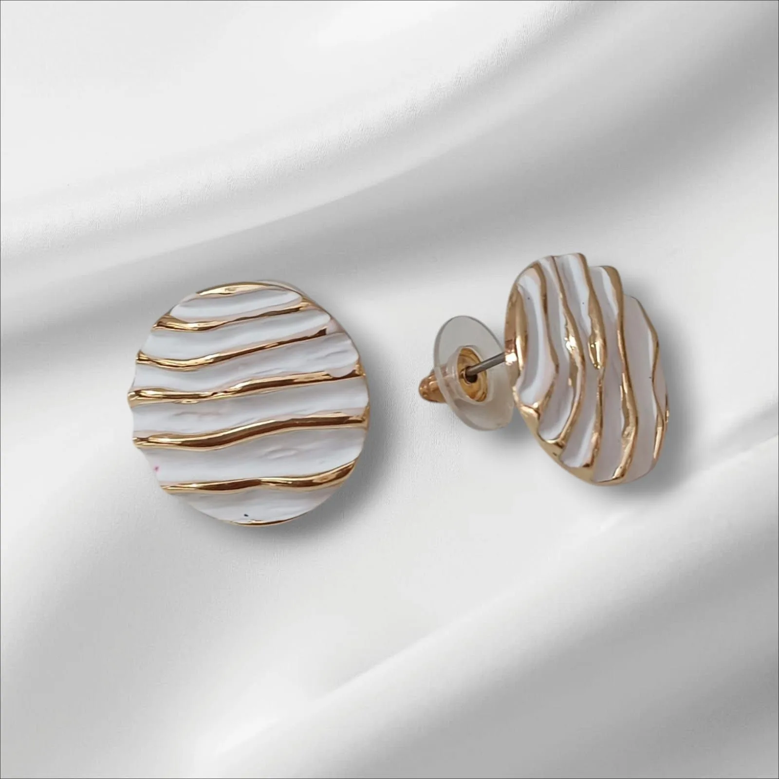 ✨ Korean Handcrafted Ceramic Abstract Circle Design White and Gold Colored Stud Earrings for Girls & Women ✨