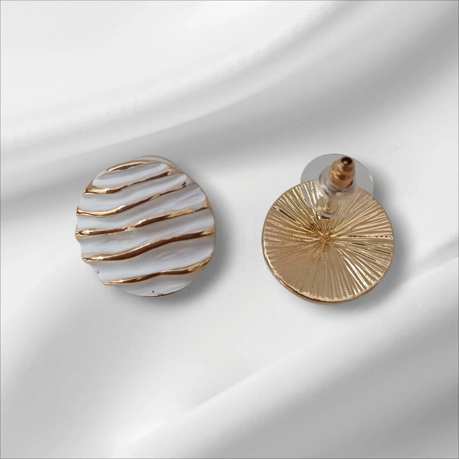 ✨ Korean Handcrafted Ceramic Abstract Circle Design White and Gold Colored Stud Earrings for Girls & Women ✨
