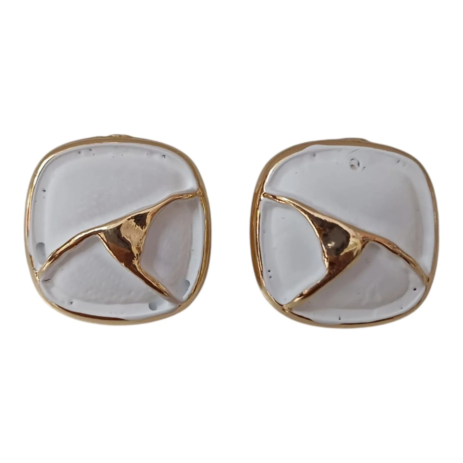 ✨ Korean Handcrafted Ceramic Abstract Square Design White and Gold Colored Stud Earrings for Girls & Women ✨