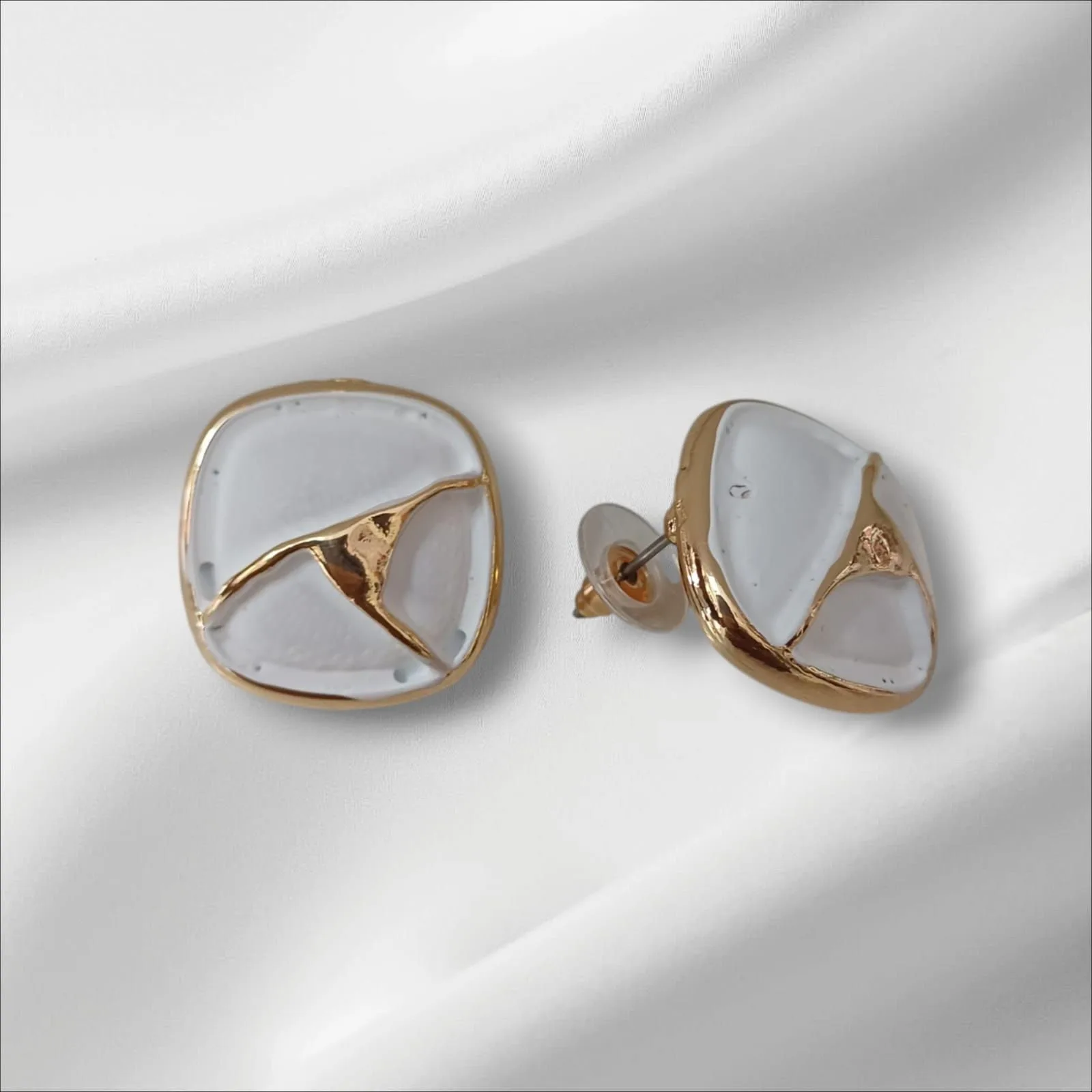 ✨ Korean Handcrafted Ceramic Abstract Square Design White and Gold Colored Stud Earrings for Girls & Women ✨