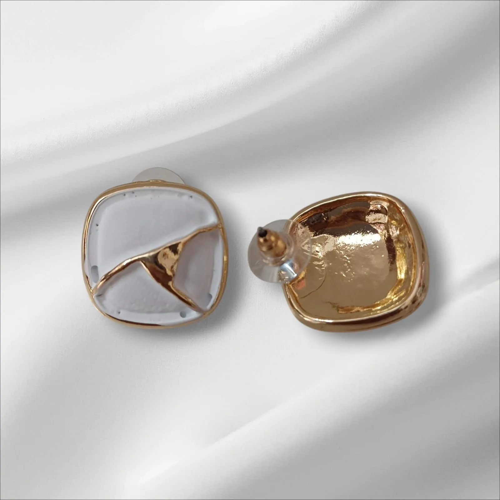 ✨ Korean Handcrafted Ceramic Abstract Square Design White and Gold Colored Stud Earrings for Girls & Women ✨