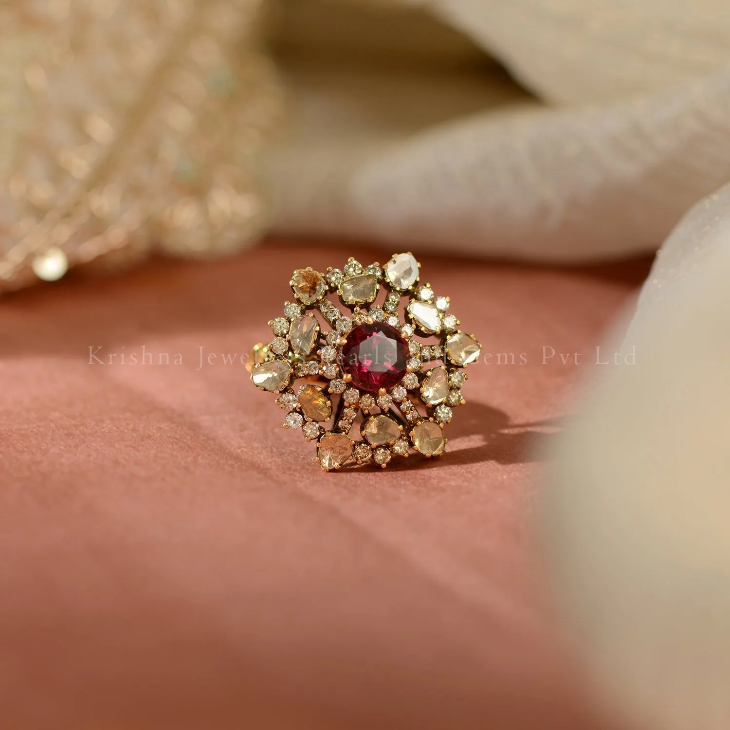 18K Gold Polki Ring with Tourmaline Beads | Heritage Luxury Statement Ring