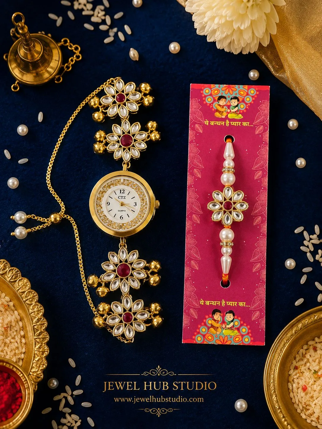 Rajeshwari Rakhi Watch Combo for Brother and Bhabhi | Kashmiri Designer Bracelet Watch with Matching Rakhi