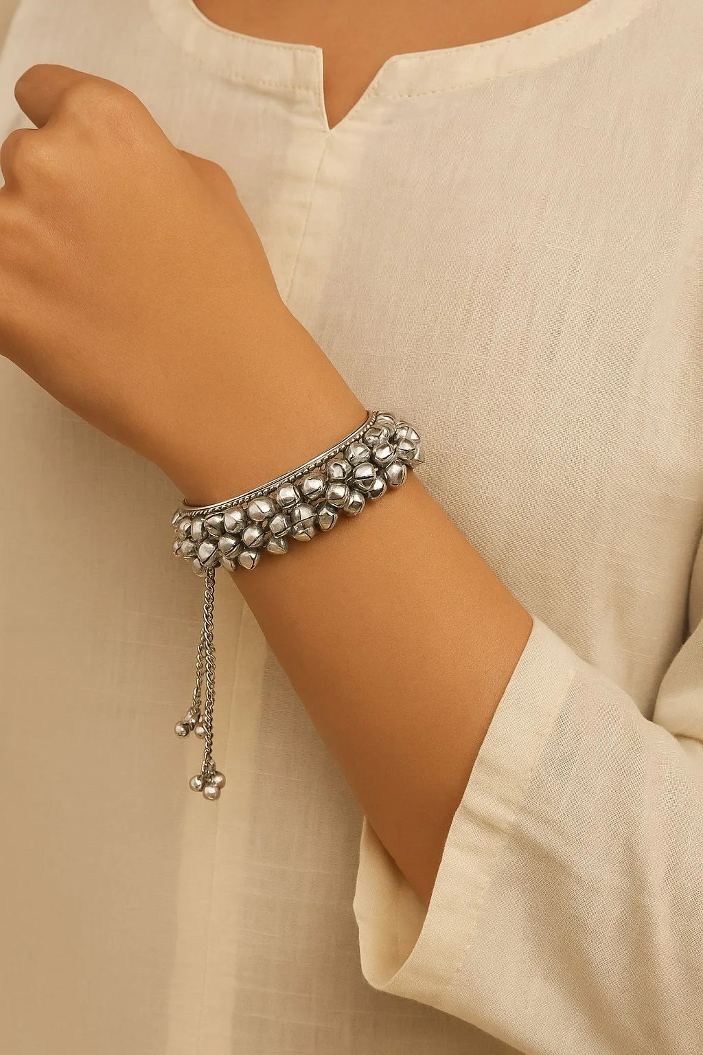 Etnico Navratri Ethnic Silver Oxidised Afghani Boho Cowrie Shell Adjustable Cuff Kada Bracelet For Women