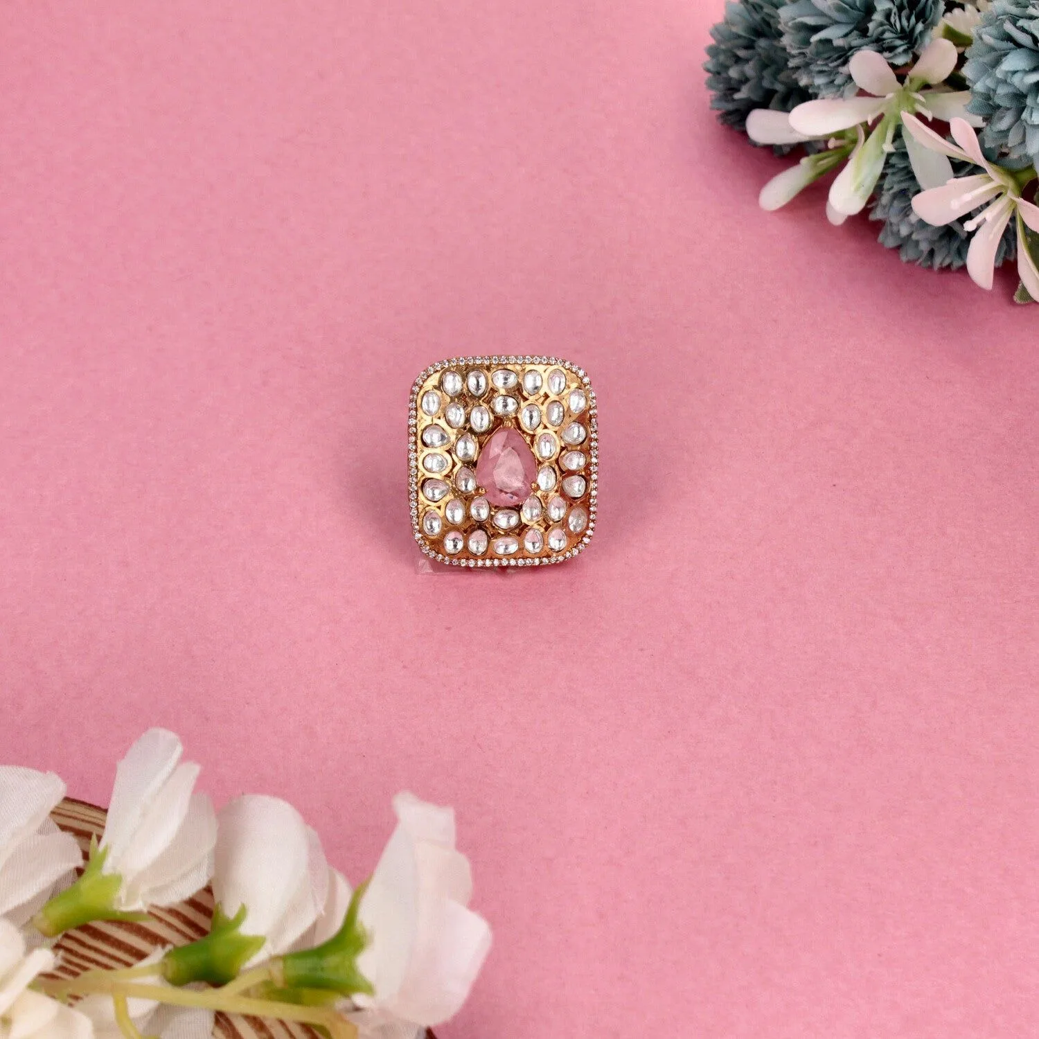 Blush Pink Kundan Heritage Ring - SIA466349