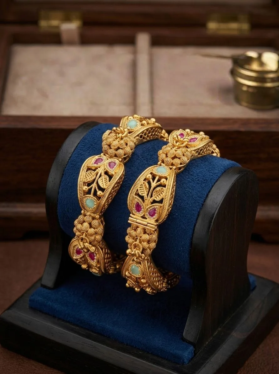 Jalparee Heritage Antique Gold-Plated Kada Bangles 2.4 size with Ruby & Mint Accents