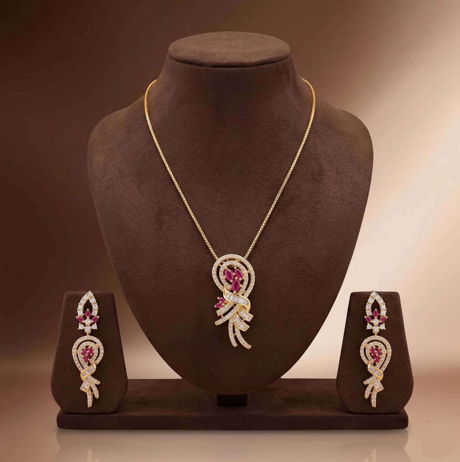 Ruby Bloom White & Red CZ Pendant Set