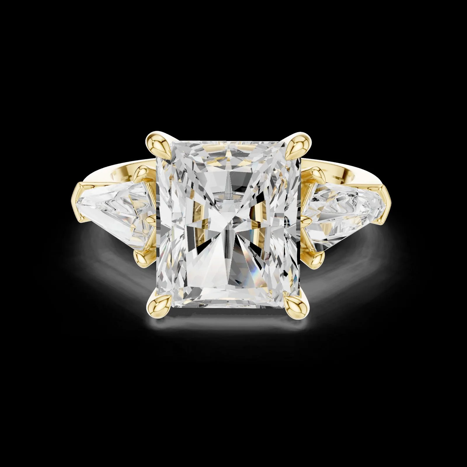 Radiant-Cut Diamond Ring with Trapezoid Side Stones and Classic Prong Setting