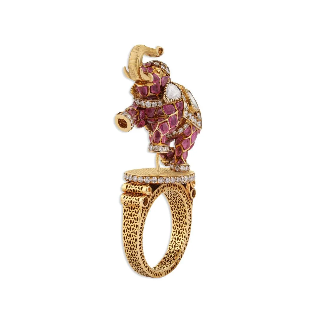 Gajraj Grand Ruby Cushion Diamond Elephant Sculptural Cocktail Ring | Natural Ruby & Diamond 3D Elephant Ring in 22K Gold | Kala Johare