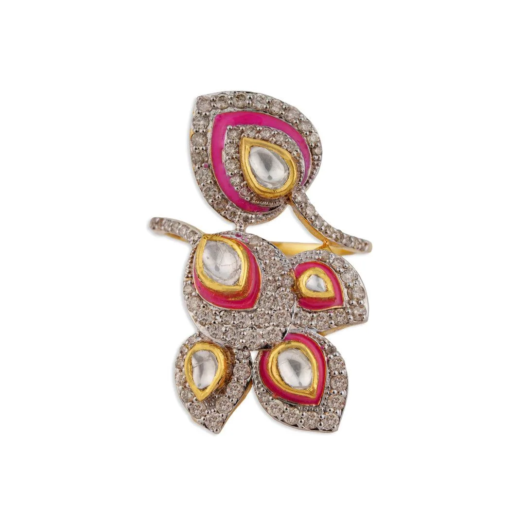 Pankh Grand Polki Kundan Pink Meenakari Multi-Petal Leaf Cluster Cocktail Ring | Natural Polki & Diamond Ring in Two-Tone Gold | Kala Johare