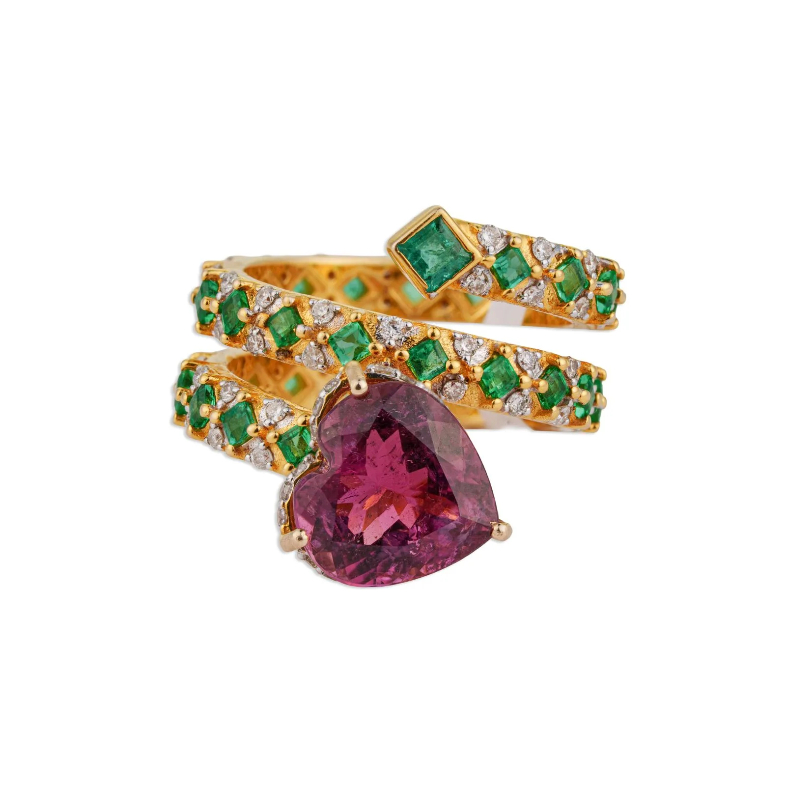 Priya Heart-Cut Pink Tourmaline Triple-Coil Emerald Diamond Spiral Ring | Natural Tourmaline & Emerald Diamond Ring in Yellow Gold | Kala Johare