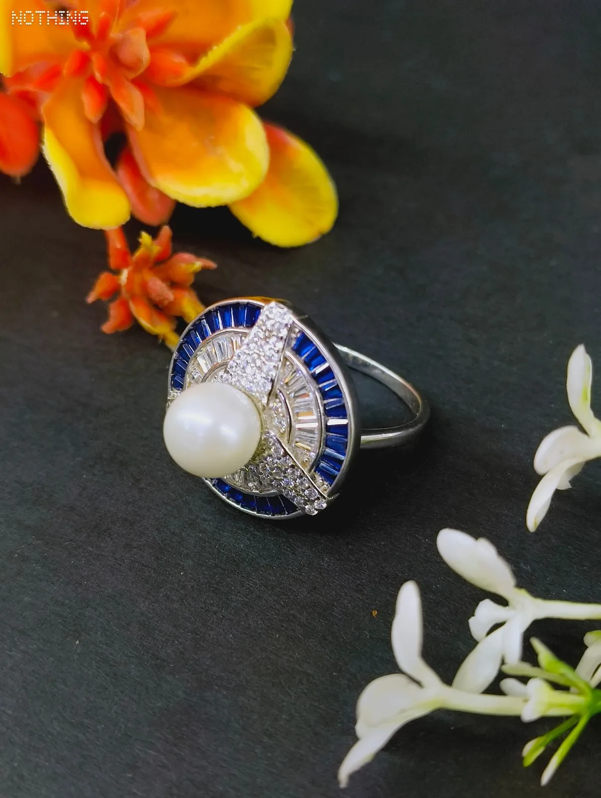 92.5 Sterling Silver Art Deco Pearl & Midnight Blue Statement Ring