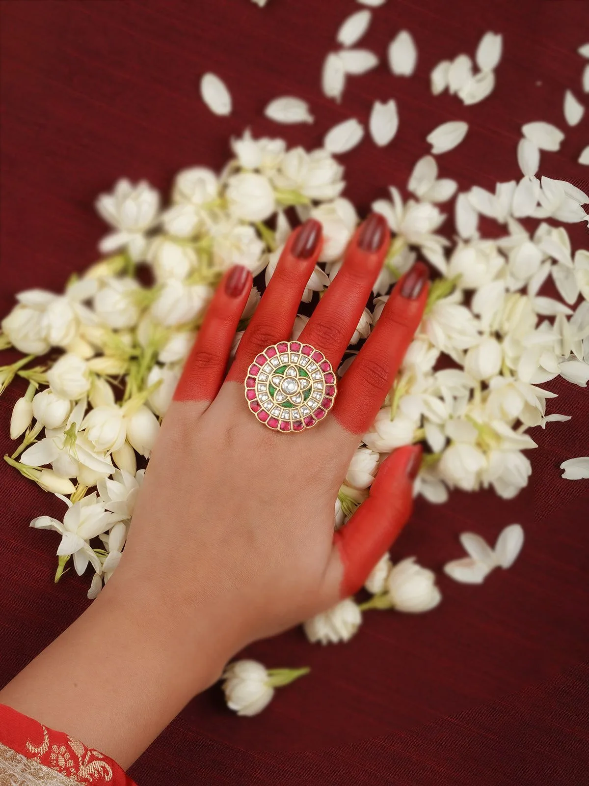 Multicolor Antique Gold-Plated Thappa Jadau Adjustable Ring with Floral Kundan Setting - TJ-R24M