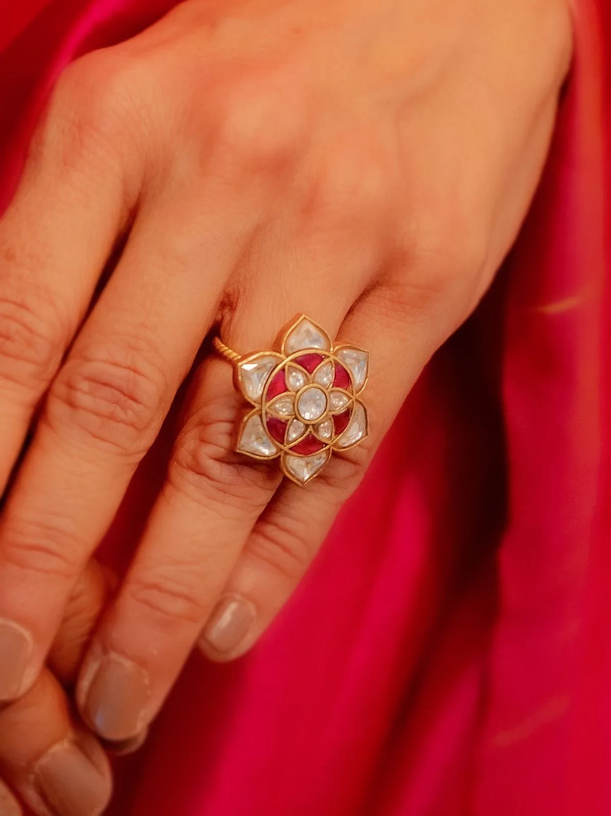 Pink Color Gold Plated Ring with Kundan - TK-RNG21WP